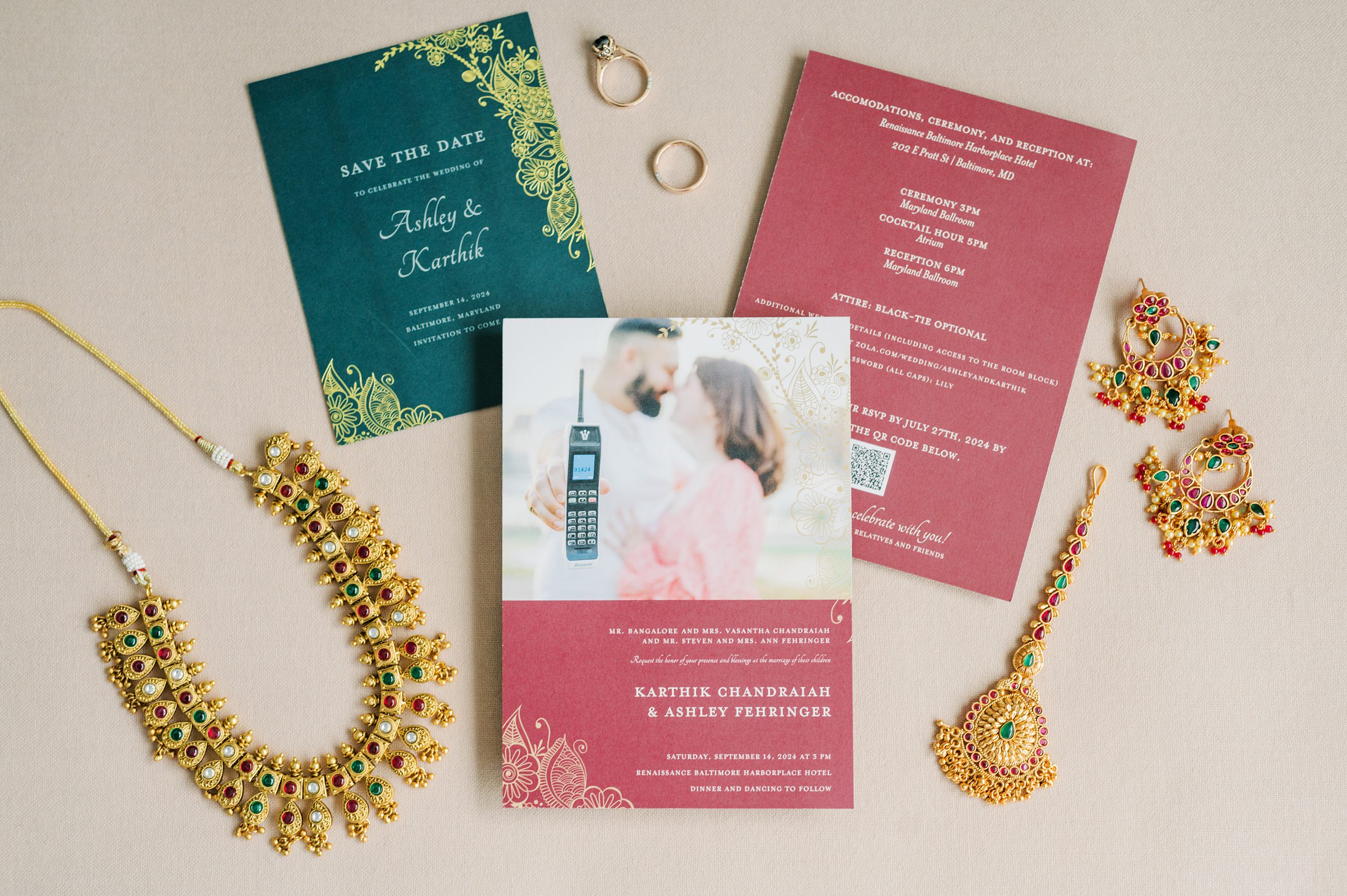 Wedding stationery and jewelry flatlay