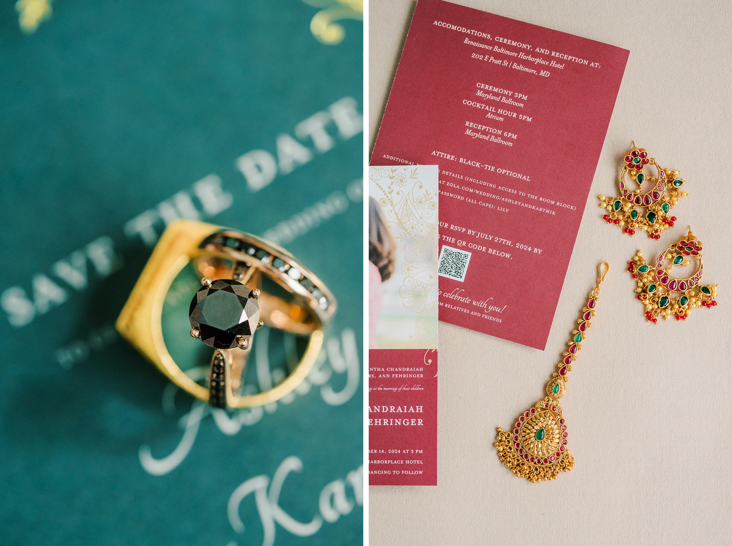 Wedding stationery and jewelry flatlay