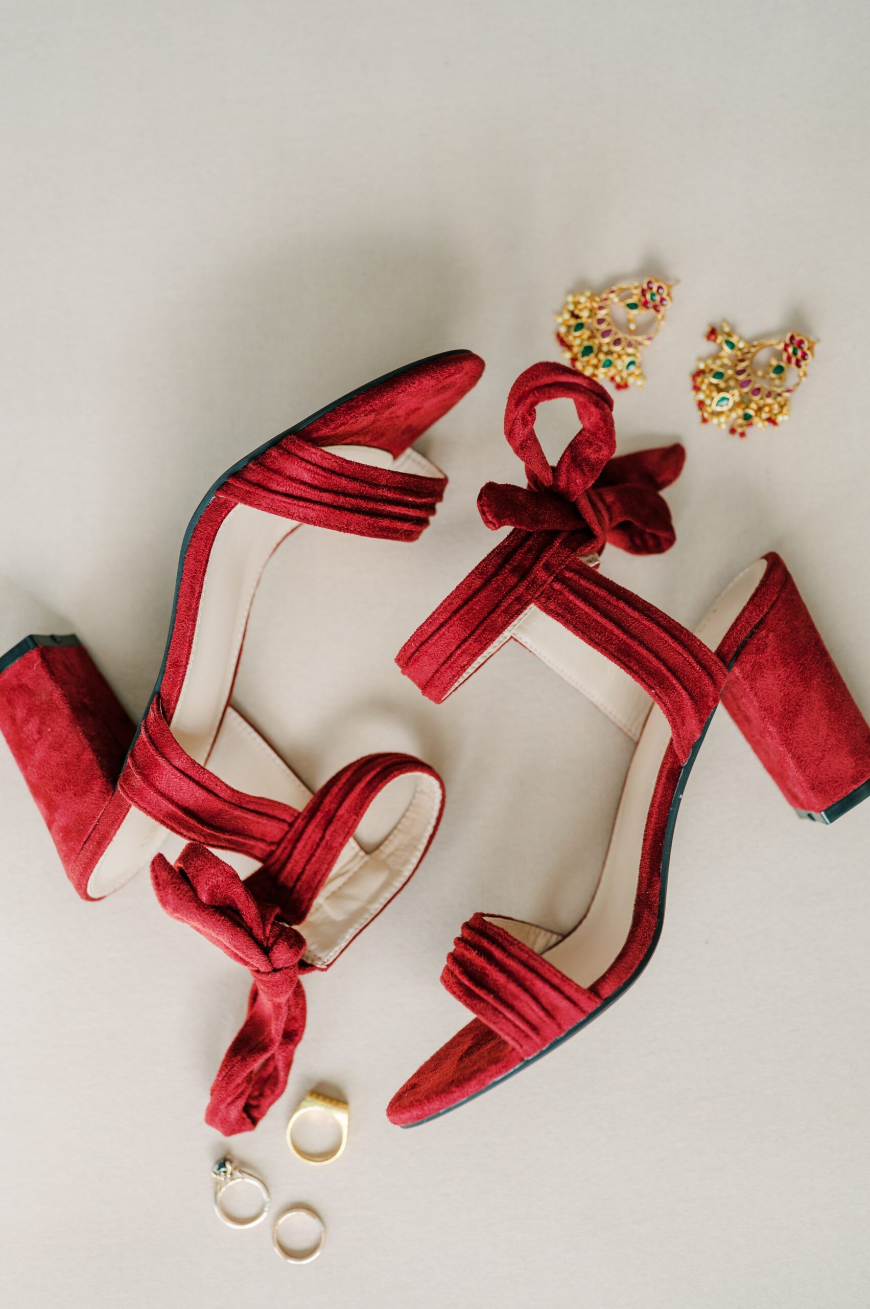 Red velvet wedding shoes and jewelry