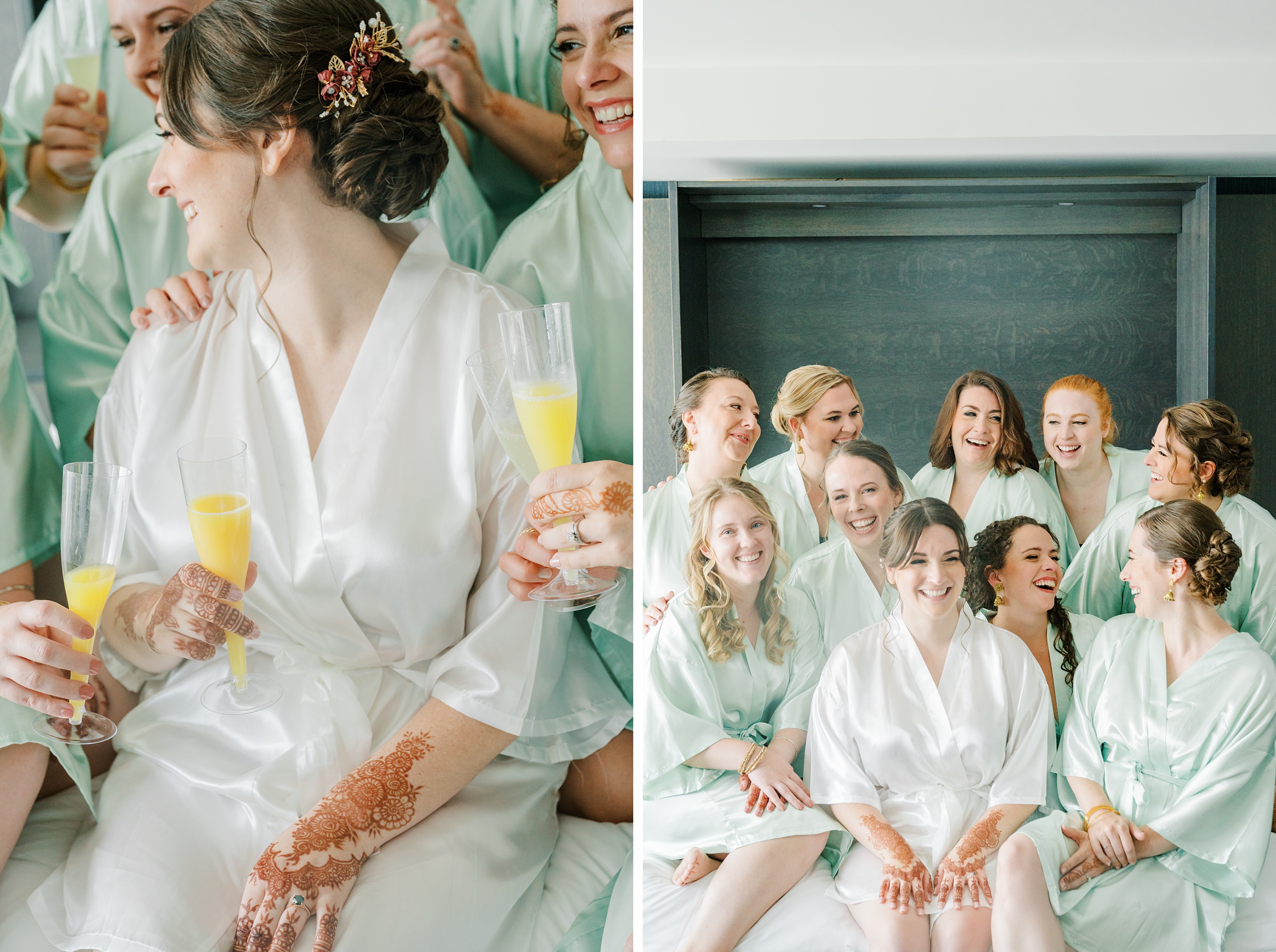 Bride and bridesmaids getting ready at hotel