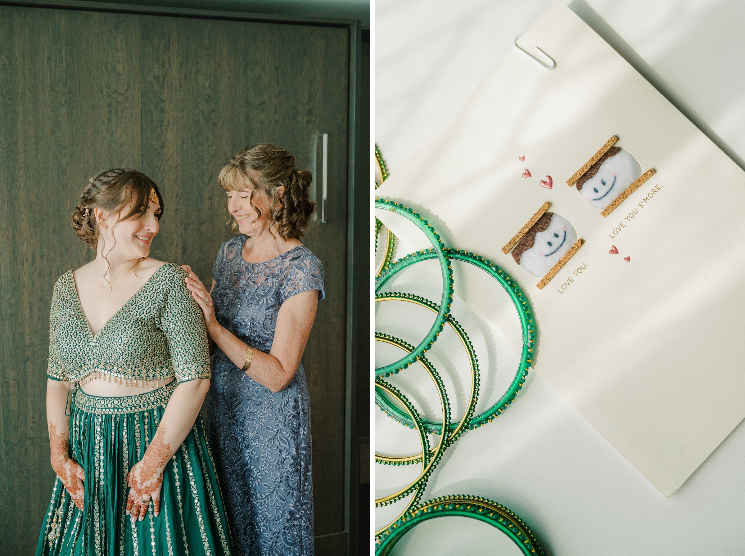 Bride putting wedding dress on with mom