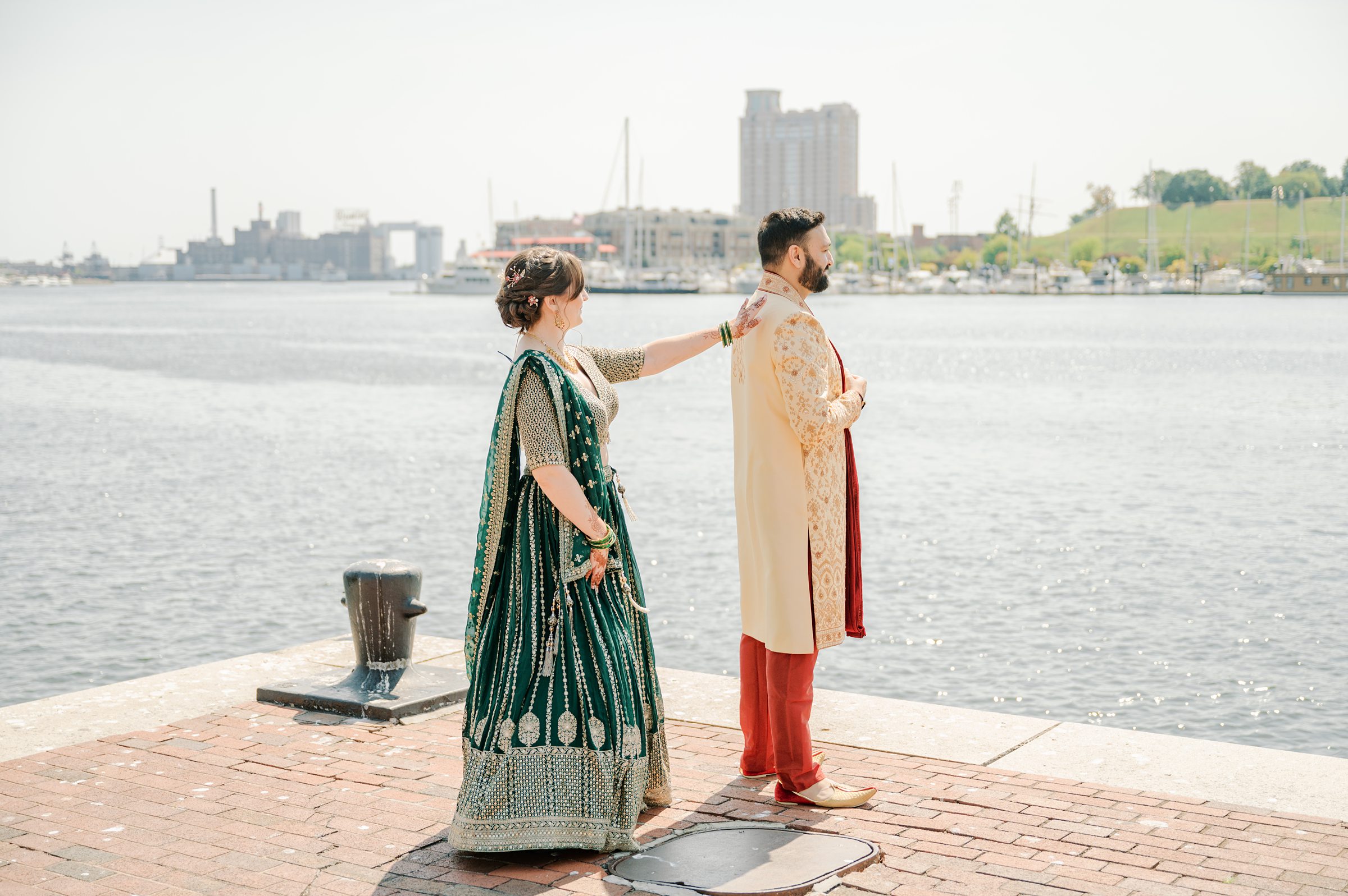 Bride and Groom First Look at Renaissance Baltimore Harborplace Hotel