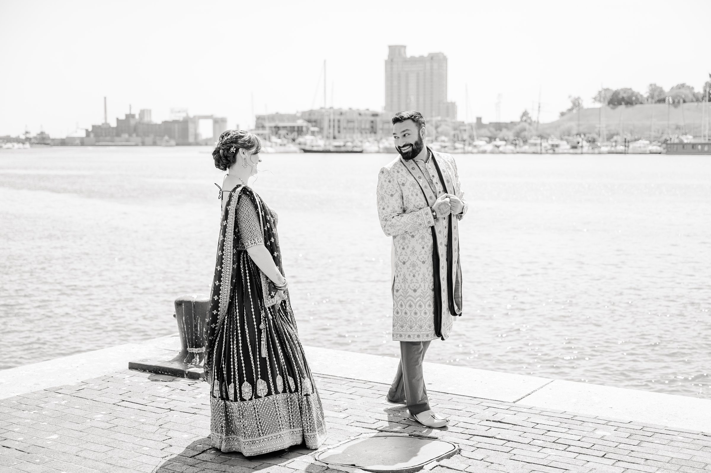 Bride and Groom First Look at Renaissance Baltimore Harborplace Hotel