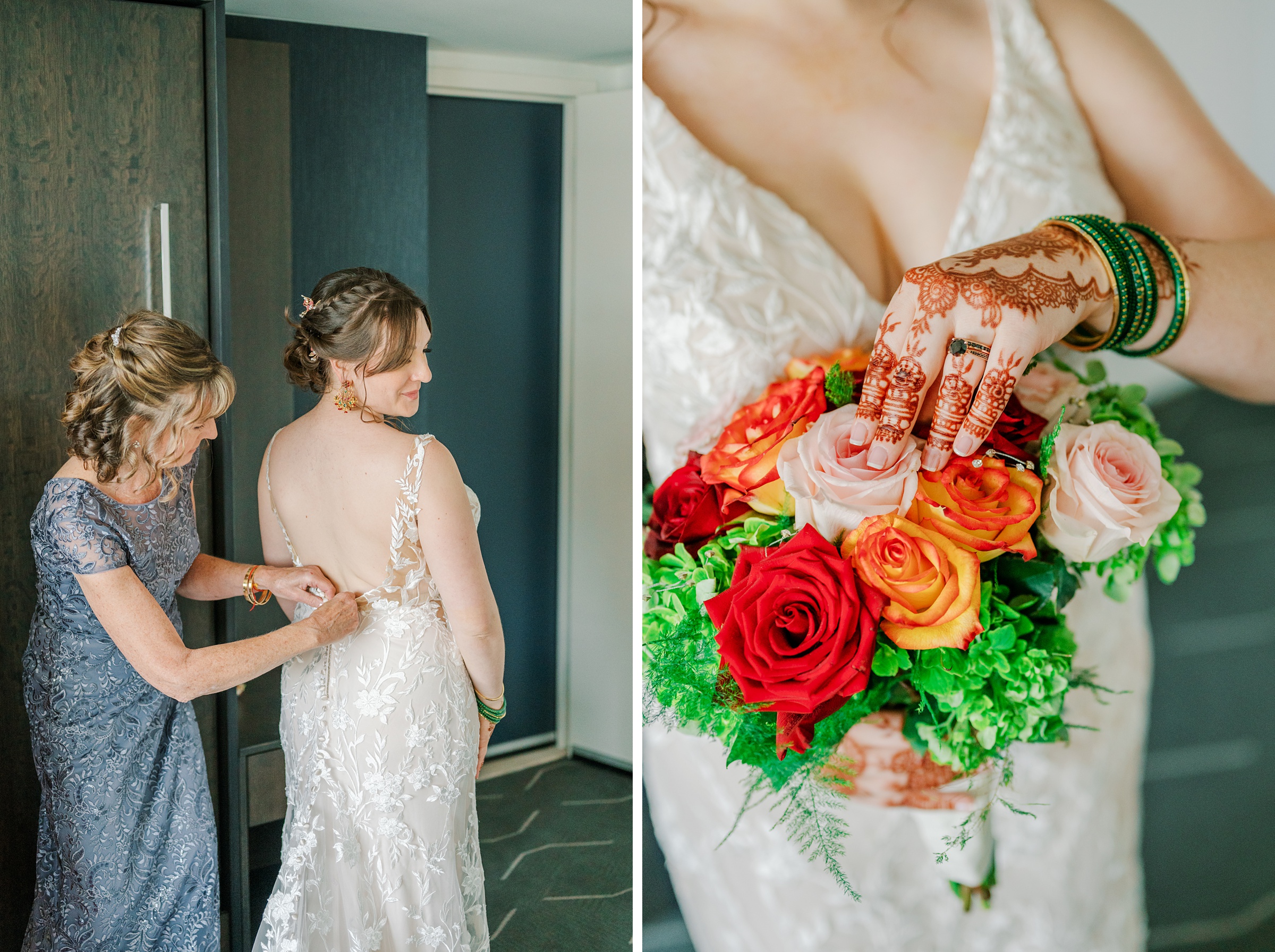 Bridal detail photos of wedding dress and bouquet