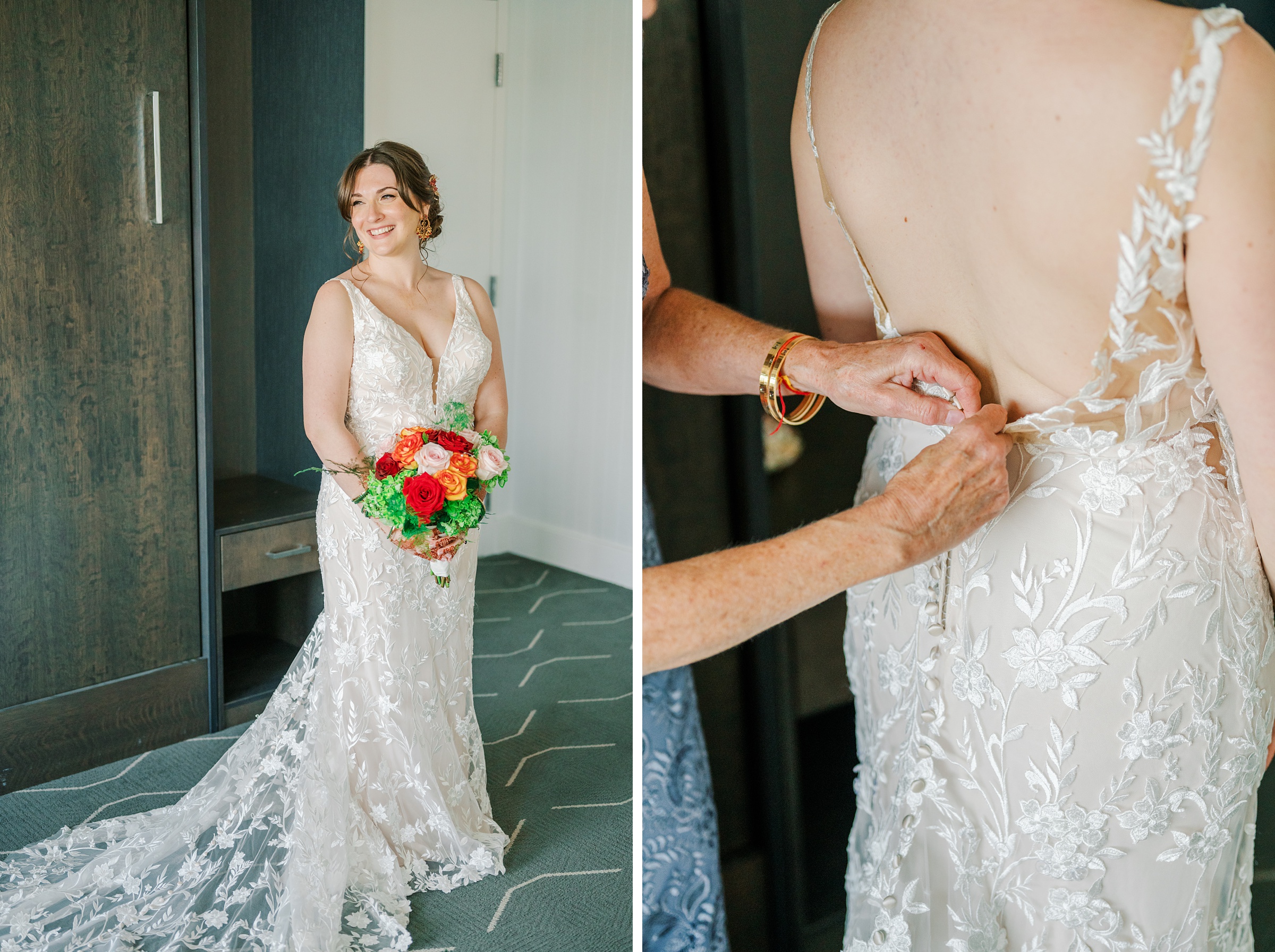 Bride getting ready in wedding dress