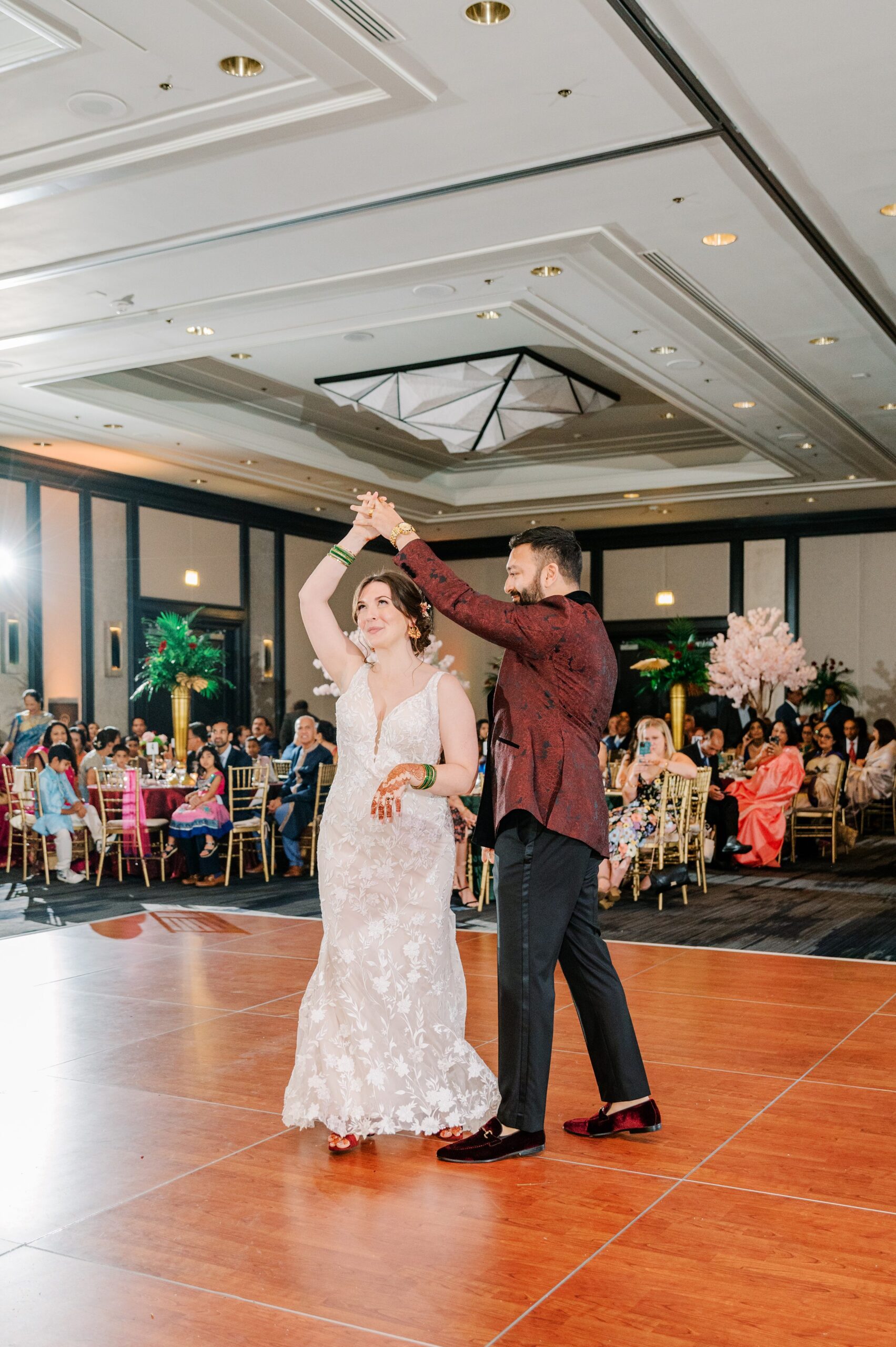 Bride and groom's first dance at wedding reception